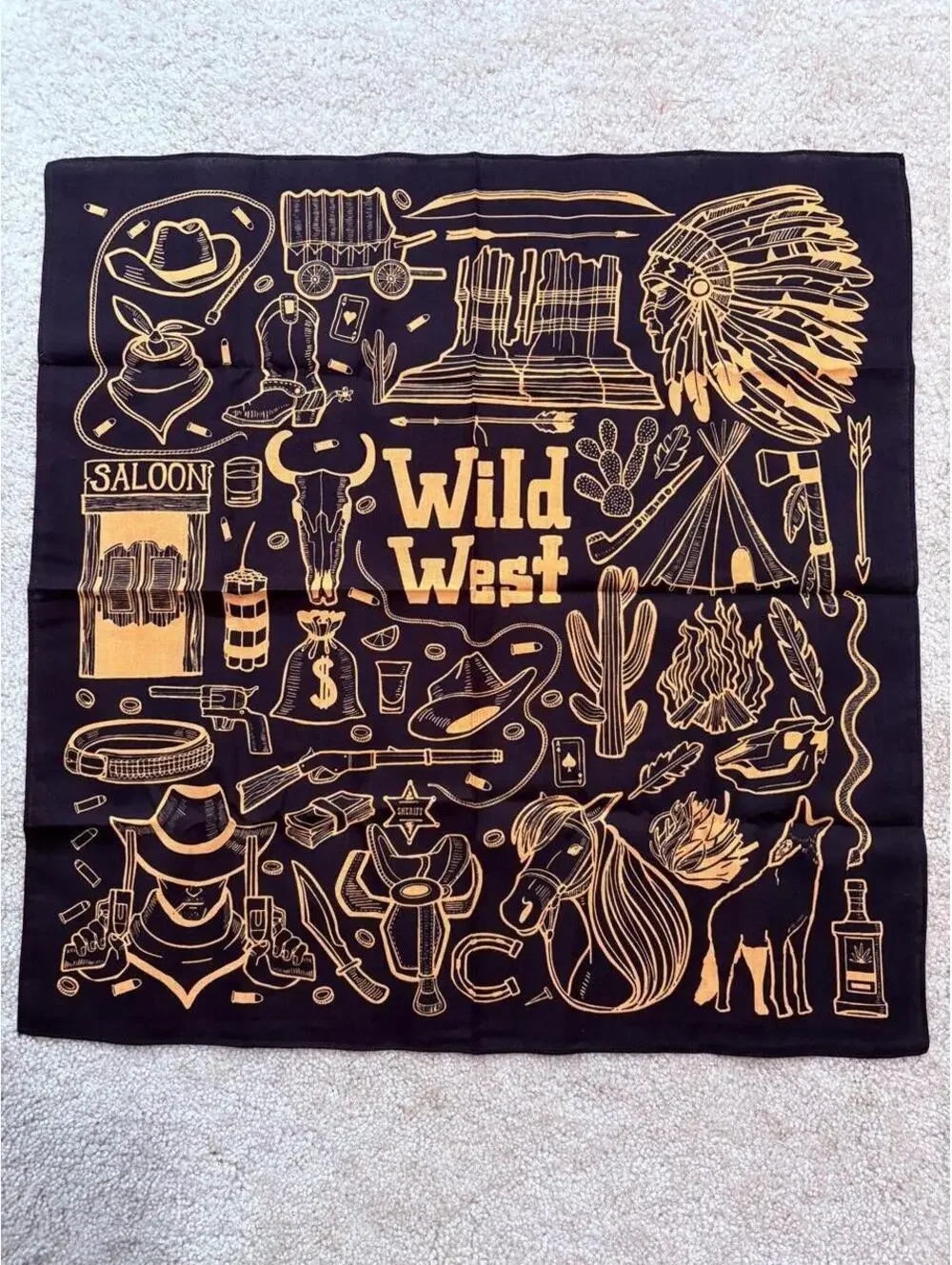 Wild West Bandana Scarf with gold orange line and the words 'Wild West'